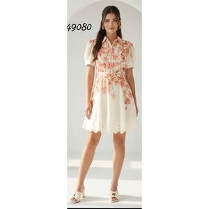 A.Peach Floral Mini Dress Pink Orange White Belted Lace Trim